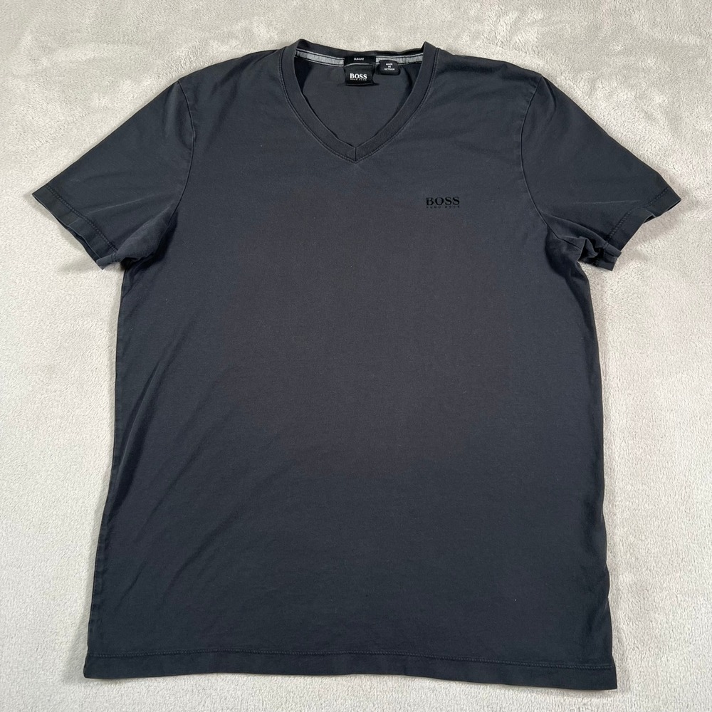 Hugo Boss T-Shirt Men's Size Medium Black Slim Fit V-Neck Embroidered Logo Print